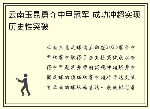 云南玉昆勇夺中甲冠军 成功冲超实现历史性突破 云南玉昆勇夺中甲冠军 成功冲超实现历史性突破