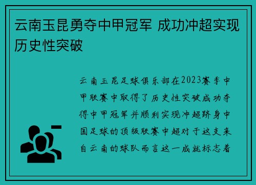 云南玉昆勇夺中甲冠军 成功冲超实现历史性突破